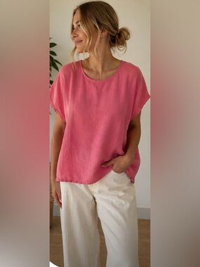 FLAX by Jeanne Engelhart 100% Linen Pink Tee Blouse Sz M